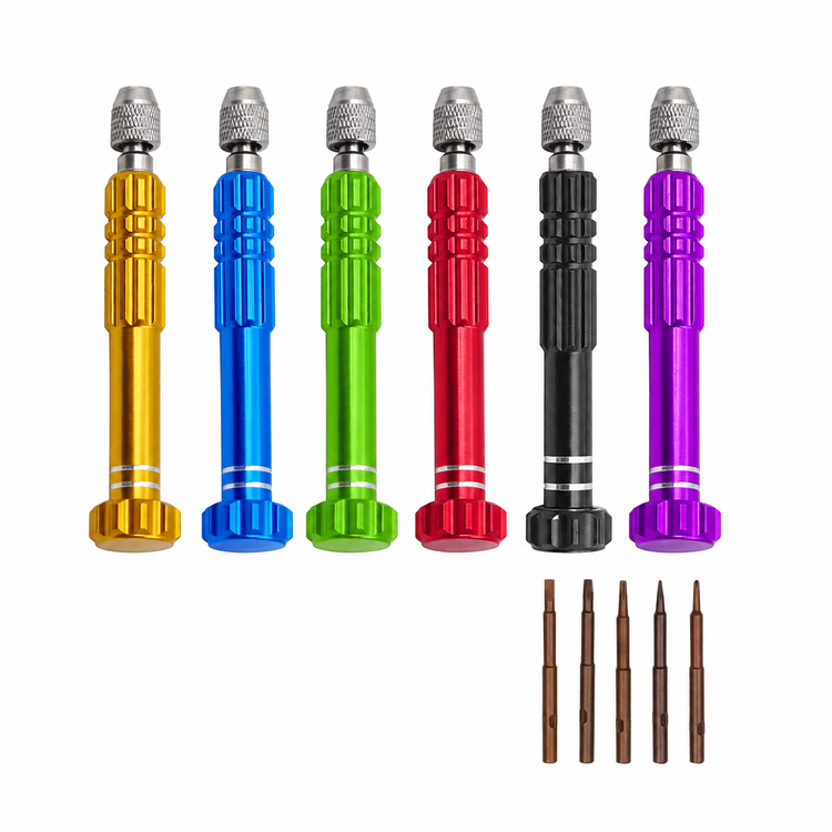 5-in-1 screwdriver bit kit shown with colored handles and five bits