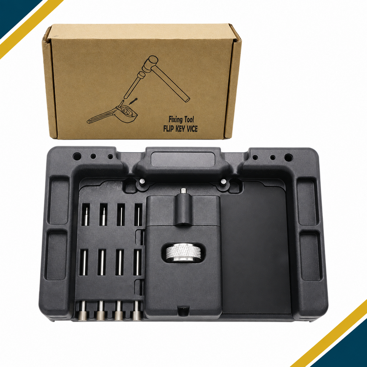 Flip key pin remover jig with adjustable vise and accessory tray