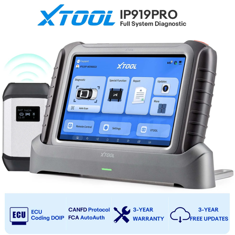 XTOOL IP919PRO features: ECU coding, DoIP, CAN FD, FCA AutoAuth, 3-year warranty and updates