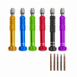 5-in-1 screwdriver bit kit shown with colored handles and five bits