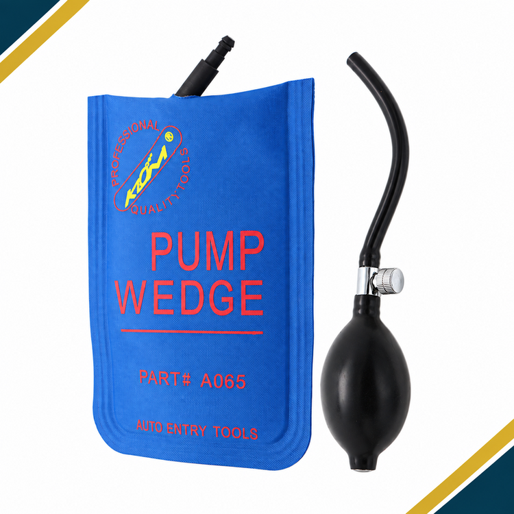 Small blue inflatable air wedge with hand pump and hose