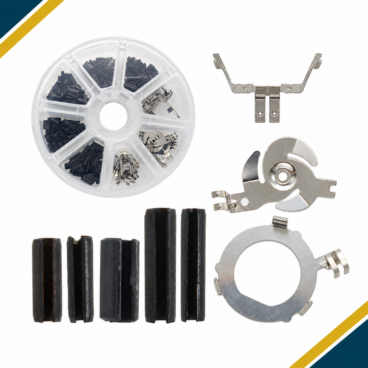 Assorted car key roll pins and metal repair components with round compartmented storage case