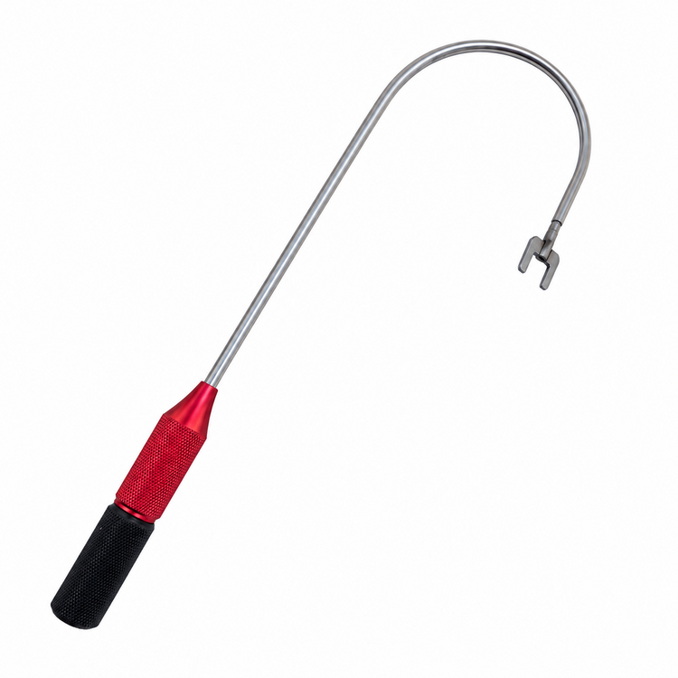 Glass door bypass tool with curved metal shaft and red and black handle