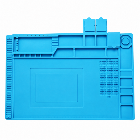 Blue soldering repair mat with molded compartments and central work area