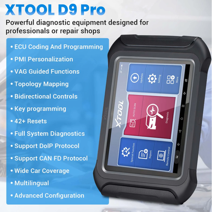 XTOOL D9 PRO features: ECU coding, topology, bidirectional controls, key programming, 42+ resets