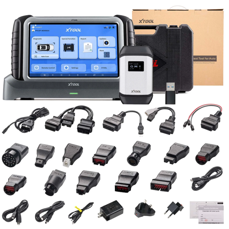 XTOOL IP919PRO full kit with VCI, charging dock, test connectors, cables and carrying case