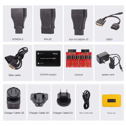 XTOOL X100 Pro2 package contents: cables, test connectors, EEPROM adapter, chargers and case